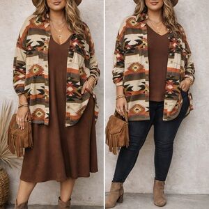 Lovely Melody Aztec Button-Down Shirt Jacket in Beige, Brown, Orange